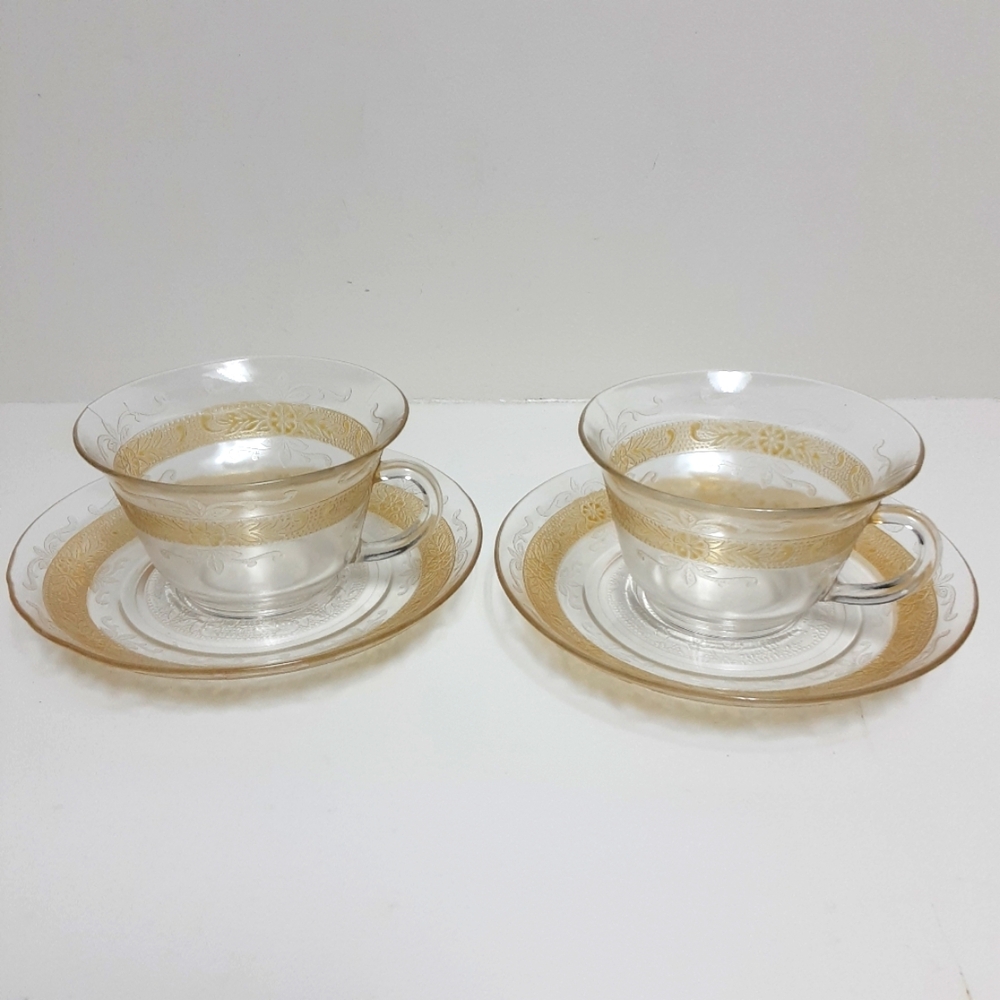 Cups and Saucers, 2 Pair, Depression Glass, Stippled Rose Band, Vintage, Dining